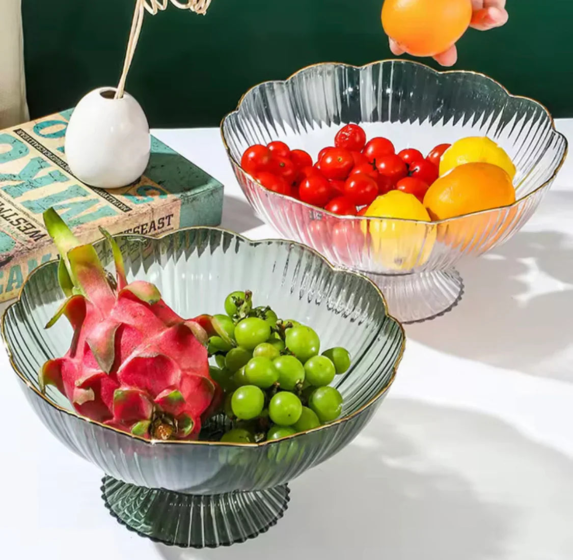 Modern Floral Salad Bowl With Base, Fruit Trifle Serving Dish, Luxury Lightweight Fruit Plate, Modern Fruit Bowl