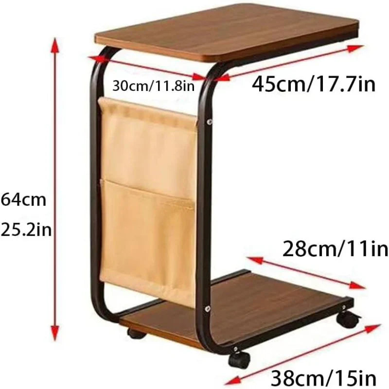 Portable Side Table With Storage Pocket & Rolling Wheels