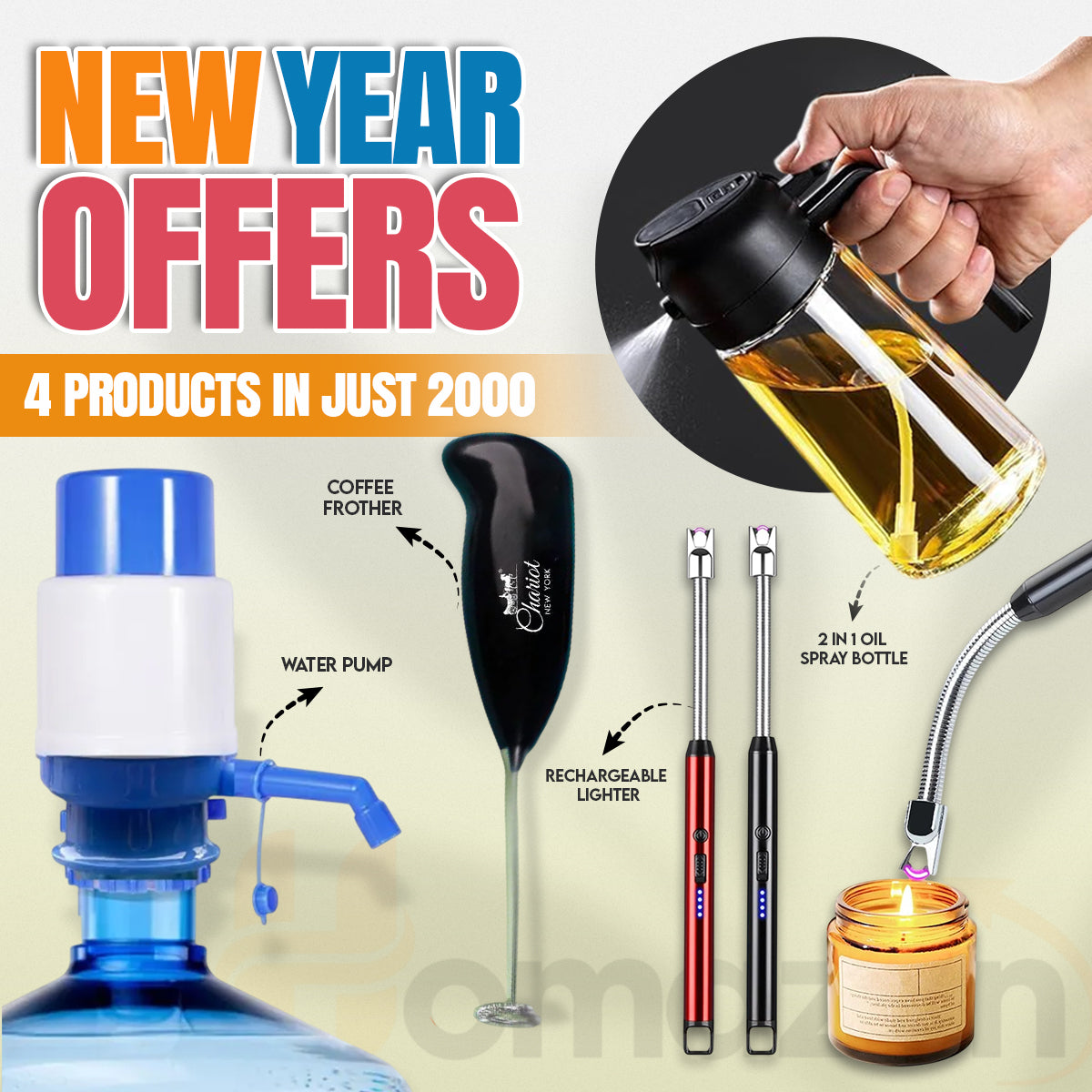 Smart Kitchen Essentials Combo – Coffee Beater, Oil Spray Bottle, Spark Lighter &amp; Manual Water Pump