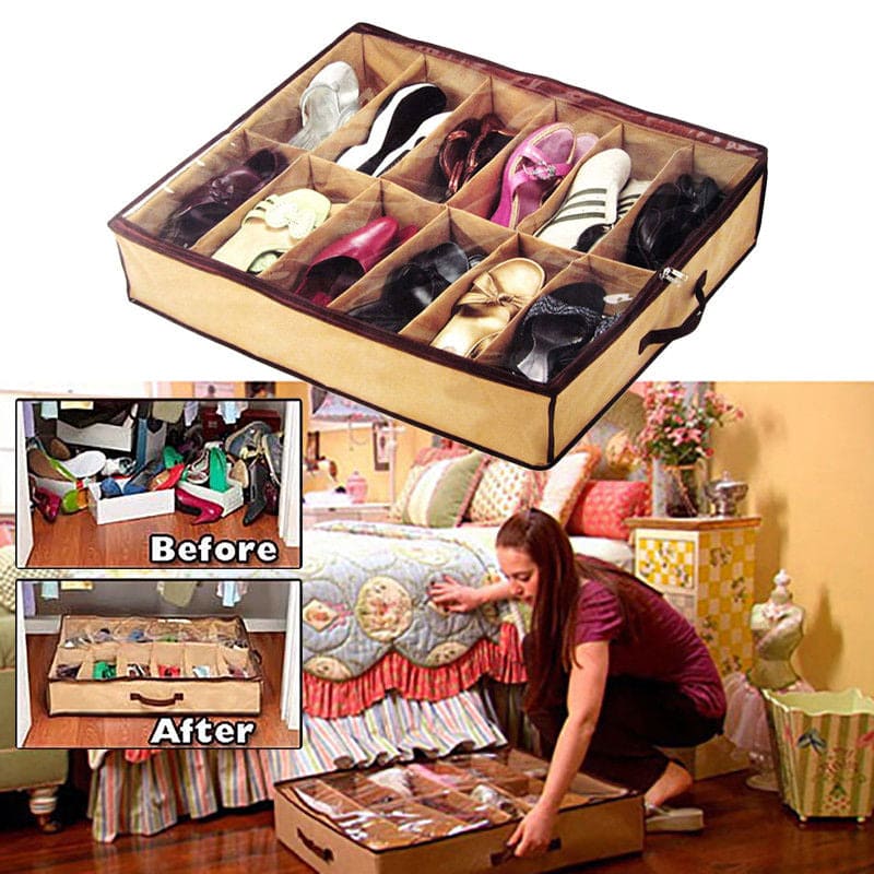 12-Compartment Under bed Shoe Organizer Portable Storage Bag
