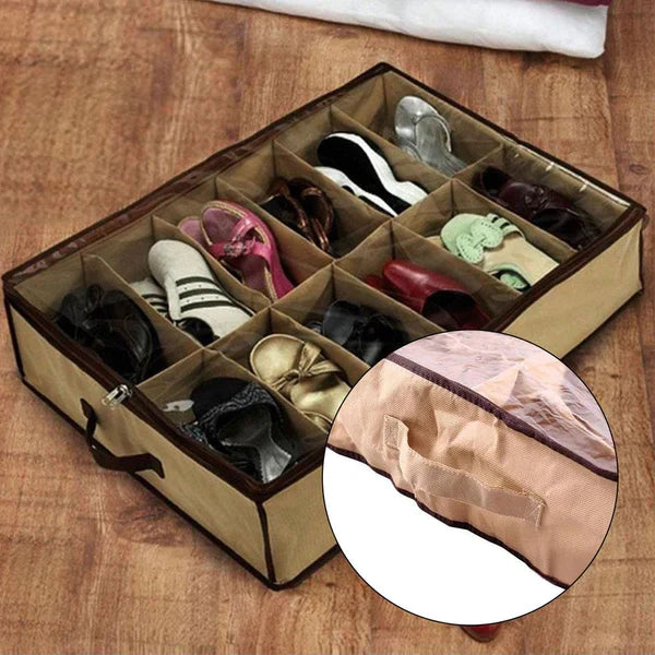 12-Compartment Under bed Shoe Organizer Portable Storage Bag
